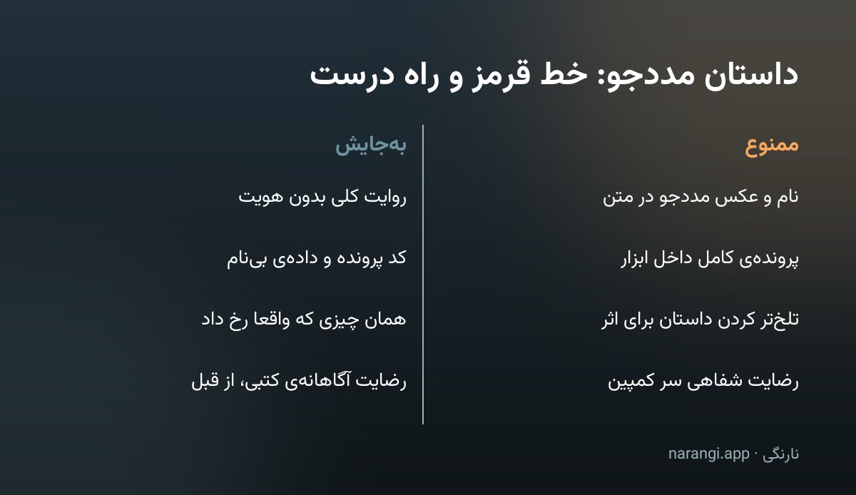 جدول دوستونی که چهار کار ممنوع درباره‌ی داستان مددجو را کنار جایگزین درستشان گذاشته است
